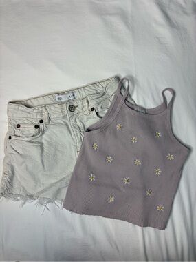 Zara Kids White Denim Shorts and Light Purple Daisy Tank Top Size 10
